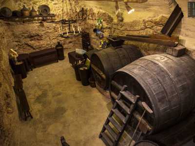 Scendiamo ora attraverso una botola nel cuore della cantina, a 8 metri di profondit�. Qui anche le pareti, in pietra carsica e tufo, sono suggestive